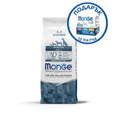 Монопротеинова храна за кучета в зряла възраст от всички породи Monge Natural Superpremium Adult All breeds Trout, Rice & Potatoes - с пъстърва, ориз и картофи 12кг + подарък кутия паучове