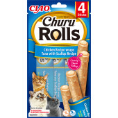 Лакомство за капризни котки Churu Cat Treats Rolls Chicken Recipe Wraps Tuna with Scallop пилешки рулца с пълнеж от риба тон; №1 в света мокро лакомство за котки 