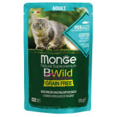 Monge BWILD Grain Free Adult с риба треска, скариди и зеленчуци – пауч с хапки в сос