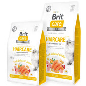 Пълноценна суха храна за котки за красива козина и здрава кожа Brit Care Cat Grain-Free HAIRCARE HEALTHY AND SHINY COAT със  26% прясно месо от сьомга, 26% пилешко и зеленчуци, БЕЗ зърнени култури