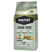 Натурална суха храна Ownat Grain Free Prime ADULT CHICKEN & TURKEY - БЕЗ зърнени култури, с 77%  качествено месо, пиле и пуйка 