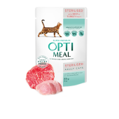 Пълноценна мокра храна за котки OPTIMEAL Сomplete сanned pet food for sterilised cats with beef and turkey fillet in jelly с телешко месо и пуешки филенца в сос