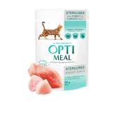 Пълноценна мокра храна за котки OPTIMEAL Сomplete сanned pet food for sterilised cats with turkey and chicken fillet in sauce с пуешко месо и пилешки филенца в сос