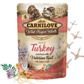 Натурална, мокра храна за котки Carnilove CAT POUCH rich in Turkey enriched with valerian със 71% пилешко месо, 14% пуешко, обогатена с валериан ,БЕЗ зърнени култури