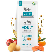 Супер премиум суха храна за кучета от малки и средни породи Brit Care Dog Grain-free Adult, Skin and Coat БЕЗ ЗЪРНО, със сьомга, за красива козина и здрава кожа, с добавен пробиотик