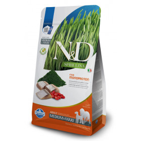 N&D SPIRULINA DOG HERRING & WOLFBERRY ADULT MEDIUM & MAXI - пълноценна храна със спирулина за кучета над 1г. от средните и едри породи, с херинга и годжи бери 