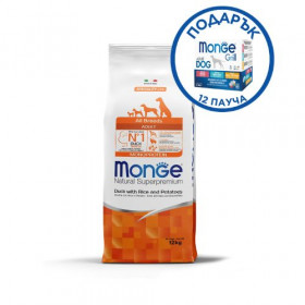 Монопротеинова храна за кучета в зряла възраст от всички породи Monge Natural Superpremium Adult All breeds Duck, Rice & Potatoes с патешко, ориз и картофи 12кг + подарък кутия паучове