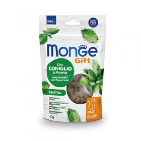 Monge Gift Filled And Crunchy Dental Cat - дентални лакомства за котки, без зърнени култури, със заешко и мента 60 гр