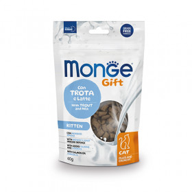 Monge Gift Filled And Crunchy Kitten - лакомство за малки котенца, без зърнени култури, с пъстърва и мляко 60 гр