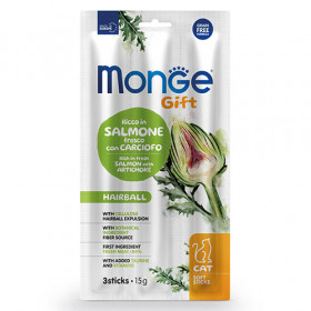 Monge Gift Cat Soft Sticks Hairball – стикчета за котки против космени топки, без зърнени култури, със сьомга и артишок 15 гр.