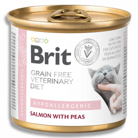 Пълноценна, хипоалергенна консервирана храна Brit Veterinary DIets Hypoallergenic за котки с различни непоносимости, дерматологични или храносмилателни със  Сьомга и грах, БЕЗ ЗЪРНЕНИ КУЛТУРИ
