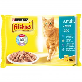 Мултиопаковка Хапки в сос в пауч за котки Purina Friskies Сьомга, Риба Тон, Треска и Сардина 4х85 гр.