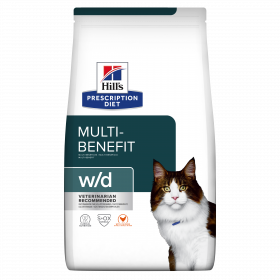 Hills Prescription Diet w/d - диета за състояния като колит, запек, мегаколон и за поддържане на телесно тегло и регулиране на липидния метаболизъм при хиперлипидемия 5 кг.