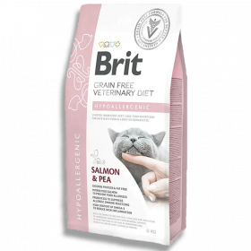 Пълноценна, хипоалергенна суха храна Brit Veterinary DIets Hypoallergenic за котки с различни непоносимости, дерматологични или храносмилателни със  Сьомга и грах, БЕЗ ЗЪРНЕНИ КУЛТУРИ