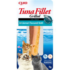 Натурално лакомство за котки Ciao Cat Treats Grilled Tuna Fillet in Calamari Flavoured Broth истинско филе от риба тон, залято с домашен бульон от калмари; №1 в света мокра храна за котки 