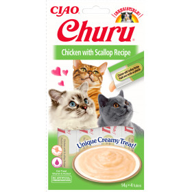 Кремообразно лакомство за капризни котки Churu Cat Treats Chicken with Scallop Recipe мус от пилешко месо с дълбоководни, океански миди; №1 в света мокро лакомство за котки