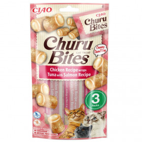 Лакомство за капризни котки Churu Cat Treats Bites Chicken Recipe wraps Tuna with Salmon Pill Assist хапки с обвивка от пилешка паста и пълнеж от риба тон и сьомга; №1 в света мокро лакомство за котки