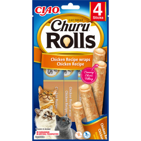 Лакомство за капризни котки Churu Cat Treats Rolls Chicken Recipe Wraps Chicken Recipe пилешки рулца с пълнеж от пилешко месо; №1 в света морко лакомство за котки 