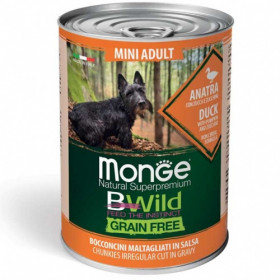 Monge BWILD Grain Free Mini Adult– хапки в сос с патешко, тиква и тиквички за кучета в зряла възраст от мини породи 400 гр.