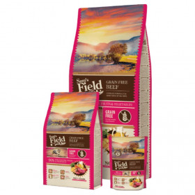 Пълноценна храна за кучета Sam´s Field Adult Grain-Free Beef с  90 %  Телешко, птиче месо, плодове и зеленчуци. БЕЗ зърнени култури