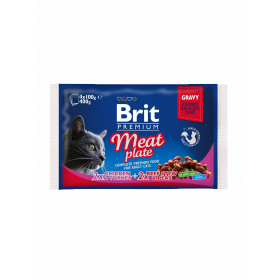 Brit Premium Cat Pouches Meat Plate  - паучове за котка хапки с пилешко, пуешко и говеждо месо в сос грейви 4 x 100 грама