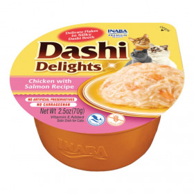 Деликатесен бульон за котки Dashi Delights Chicken with Salmon Recipe с късчета пилешко филе и сьомга
