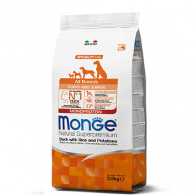 Монопротеинова храна за подрастващи кученца от всички породи Monge Natural Superpremium Puppy All breeds Duck, Rice&Potatoes с патица, ориз, картофи 12кг + подарък кутия паучове