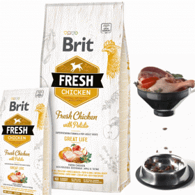 Холистична суха храна Brit Fresh Chicken with Potato Adult Great Life за пораснали кучета от всички породи, с прясно пилешко месо и картофи 