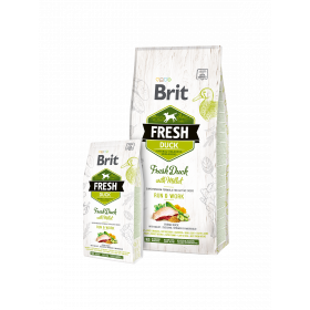 Холистична суха храна Brit Fresh Duck with Millet Adult Run & Work за активни кучета от всички породи, с прясно патешко месо, тиквички и спанак