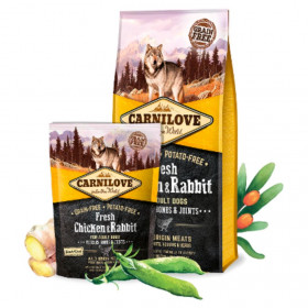 Натурална суха храна  с прясно месо  за здрави мускули и стави за кучета Carnilove FRESH  Chicken & Rabbit muscles, bones and joints for Adult със 40% прясно пилешко и 20% заешко, БЕЗ ЗЪРНЕНИ КУЛТУРИ 