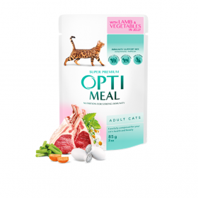 Пълноценна мокра храна за котки Optimeal Adult Cat Lamb & Veggies in Jelly с агнешко и зеленчуци в желе