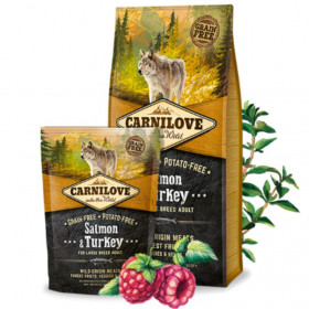 Пълноценна, суха храна за кучета от големи породи Carnilove Salmon & Turkey for Large Breed Adult  със 25% сьомга и 20% пуешко, БЕЗ ЗЪРНЕНИ КУЛТУРИ