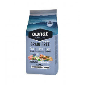 Натурална суха храна Ownat Grain Free Prime SENIOR CHICKEN & TURKEY - БЕЗ зърнени култури за възрастни кучета над 7-8 години с 65% качествено месо, пуйка и пиле 