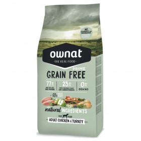 Натурална суха храна Ownat Grain Free Prime ADULT CHICKEN & TURKEY - БЕЗ зърнени култури, с 77%  качествено месо, пиле и пуйка 