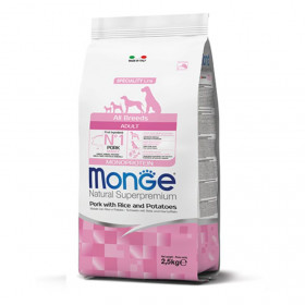 Монопротеинова храна за кучета в зряла възраст от всички породи Monge Natural Superpremium Adult All breeds Pork, Rice & Potatoes със свинско, ориз и картофи 12кг + подарък кутия паучове