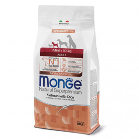 Монопротеинова храна за кучета в зряла възраст от дребни породи Monge Natural Superpremium Adult Mini Salmon & Rice- със сьомга и ориз 7.5кг + подарък кутия паучове