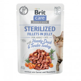 Пауч за кастрирани котки Brit Care Cat Pouch STERILIZED Hearty Duck & Tender Turkey in Jelly  с Патешко и Пуешко месо, обогатен с морков и розмарин, БЕЗ ЗЪРНЕНИ КУЛТУРИ