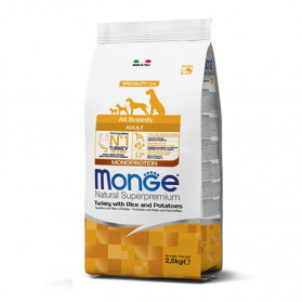 Монопротеинова храна за кучета в зряла възраст от всички породи Monge Natural Superpremium Adult All breeds Turkey, Rice & Potatoes с пуешко, ориз и картофи 12кг + подарък кутия паучове