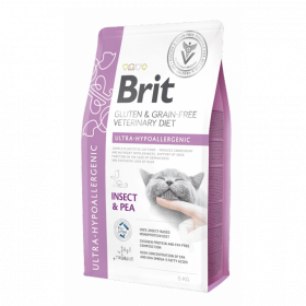 Πълнoцeннa, хипоалергенна cyxa xpaнa Brit GF Veterinary Diets Cat Ultra-hypoallergenic за котки с различни непоносимости, дерматологични или храносмилателни, БЕЗ ЗЪРНЕНИ КУЛТУРИ,  с протеин от насекоми и грах