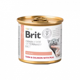 Пълноценна, консервирана храна за котки Brit Veterinary Diets Cat Renal за подпомагане на бъбречната функция при хронична бъбречна недостатъчност с Риба тон, сьомга и грах, БЕЗ ЗЪРНЕНИ КУЛТУРИ