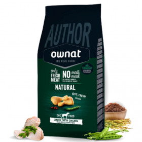 Ултра премиум суха храна за подрастващи кученца OWNAT AUTHOR JUNIOR FRESH CHICKEN моно протеин със 60% истинско, прясно пилешко месо, годжи бери и джинджифил